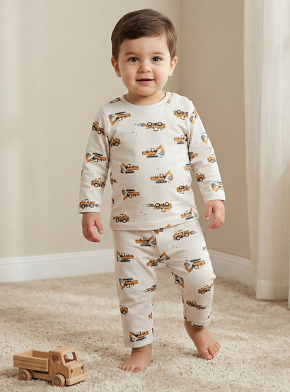 Juniors Cotton Crew Neck Short Sleeves Pyjama Set with Construction Print-baby-boys-clothing-nightwear-pyjamasets-image-1