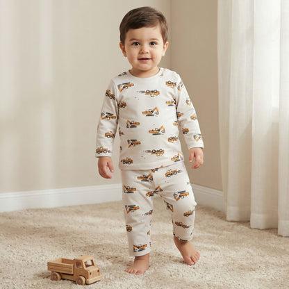 Juniors Cotton Crew Neck Short Sleeves Pyjama Set with Construction Print - White / 12-18 mths