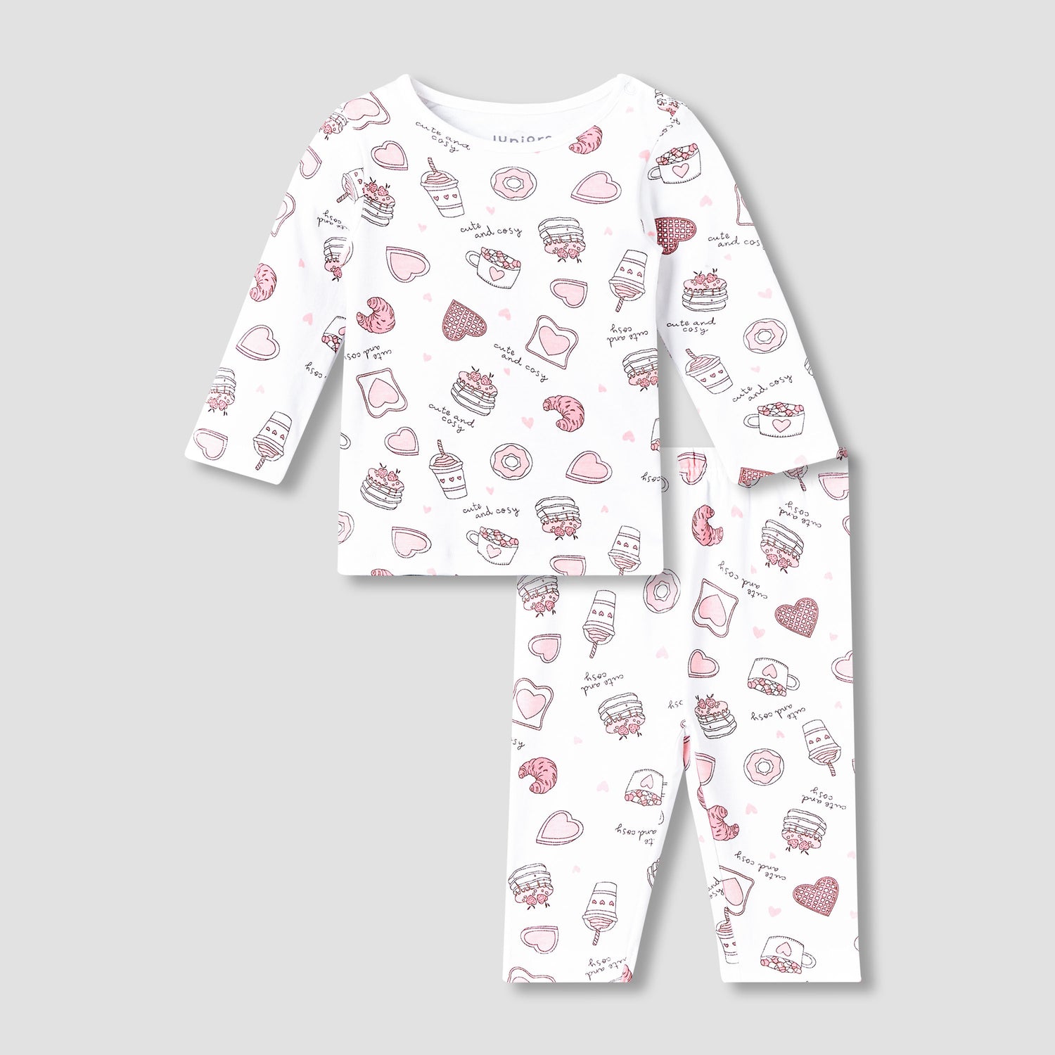 Juniors Cotton Round Neck Long Sleeves Pyjama Set with Food Print