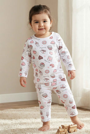 Juniors Cotton Round Neck Long Sleeves Pyjama Set with Food Print