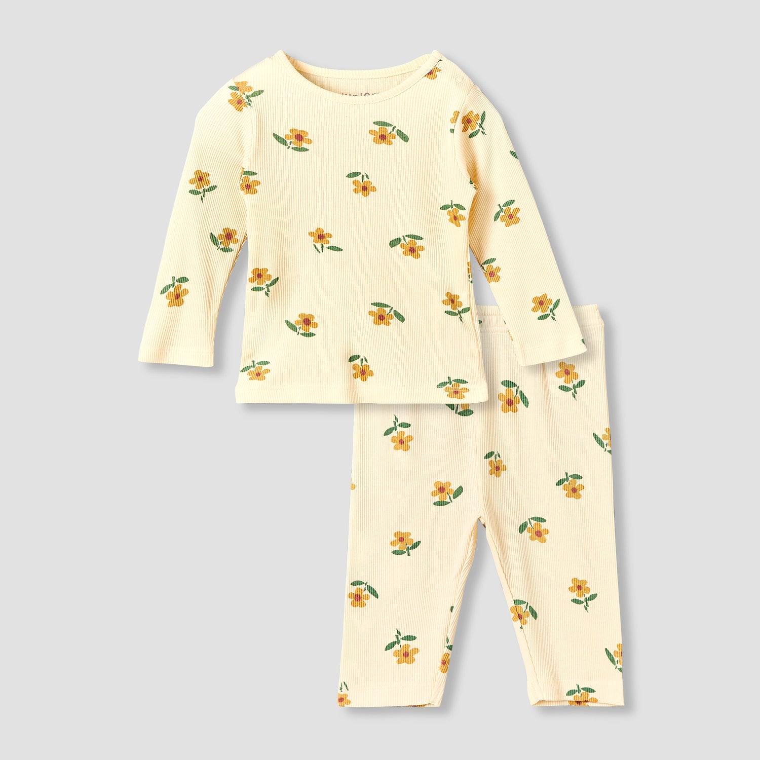 Juniors Cotton Round Neck Long Sleeves Pyjama Set with Floral Print - Yellow / 12-18 mths