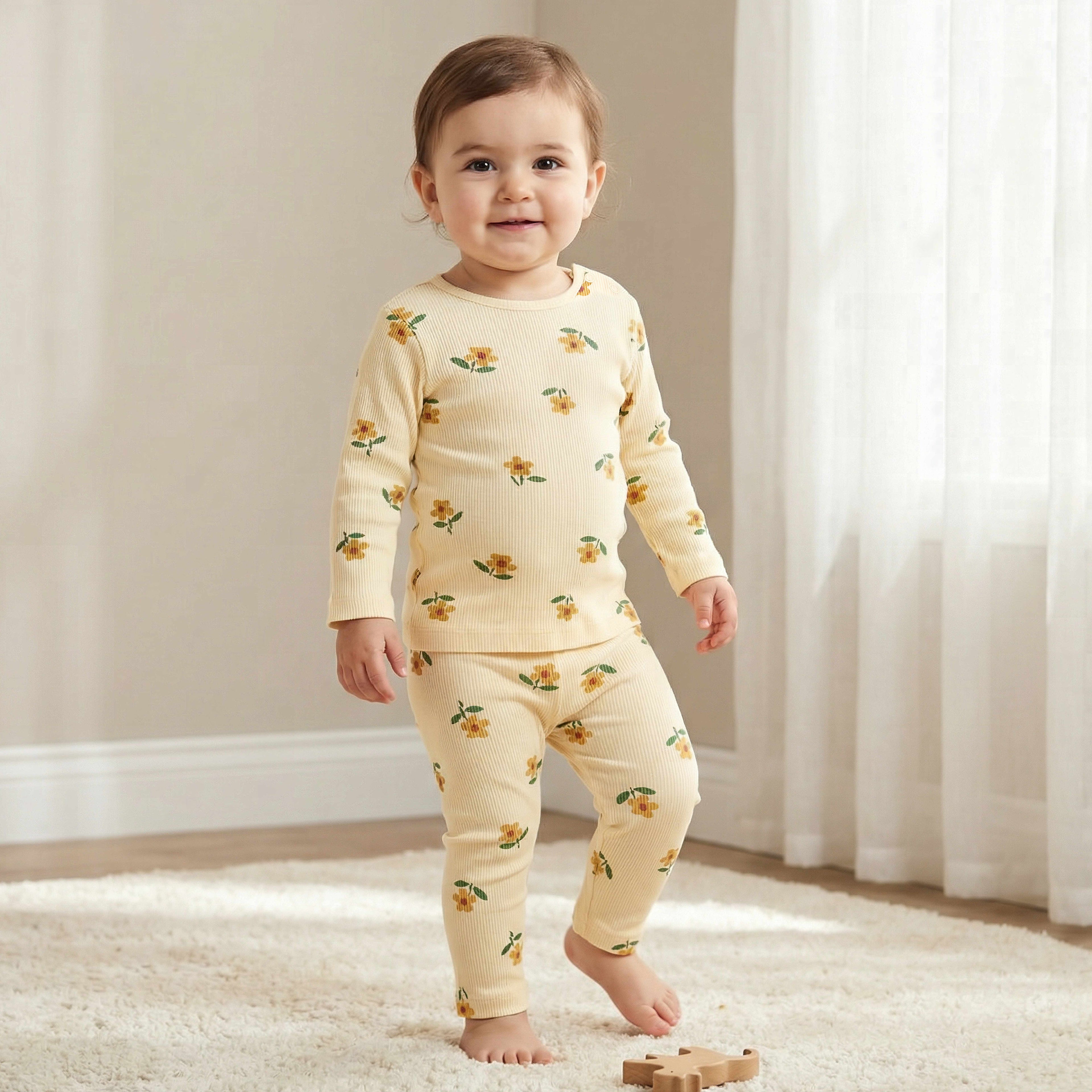 Juniors Cotton Round Neck Long Sleeves Pyjama Set with Floral Print