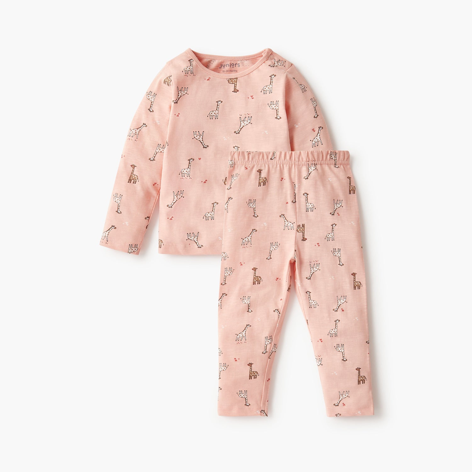 Juniors Pyjama Set with Bear Print - Cotton - Long Sleeves - Round Neck - Peach / 12-18 mths