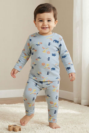 Juniors Cotton Round Neck Long Sleeves Pyjama Set with Safari Print