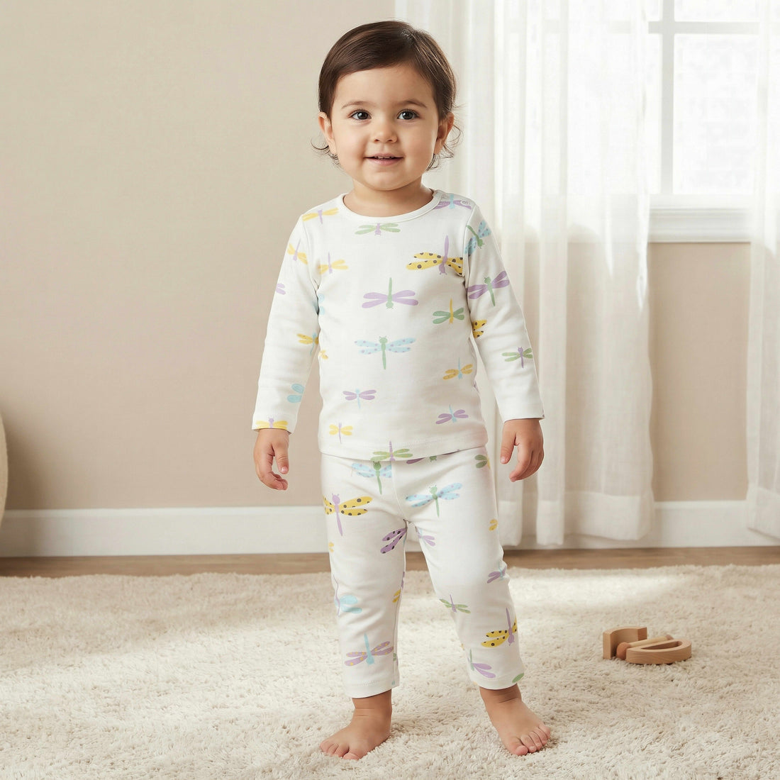 Juniors Cotton Round Neck Long Sleeve Pyjama Set with Dragonfly Print - Green / 12-18 mths