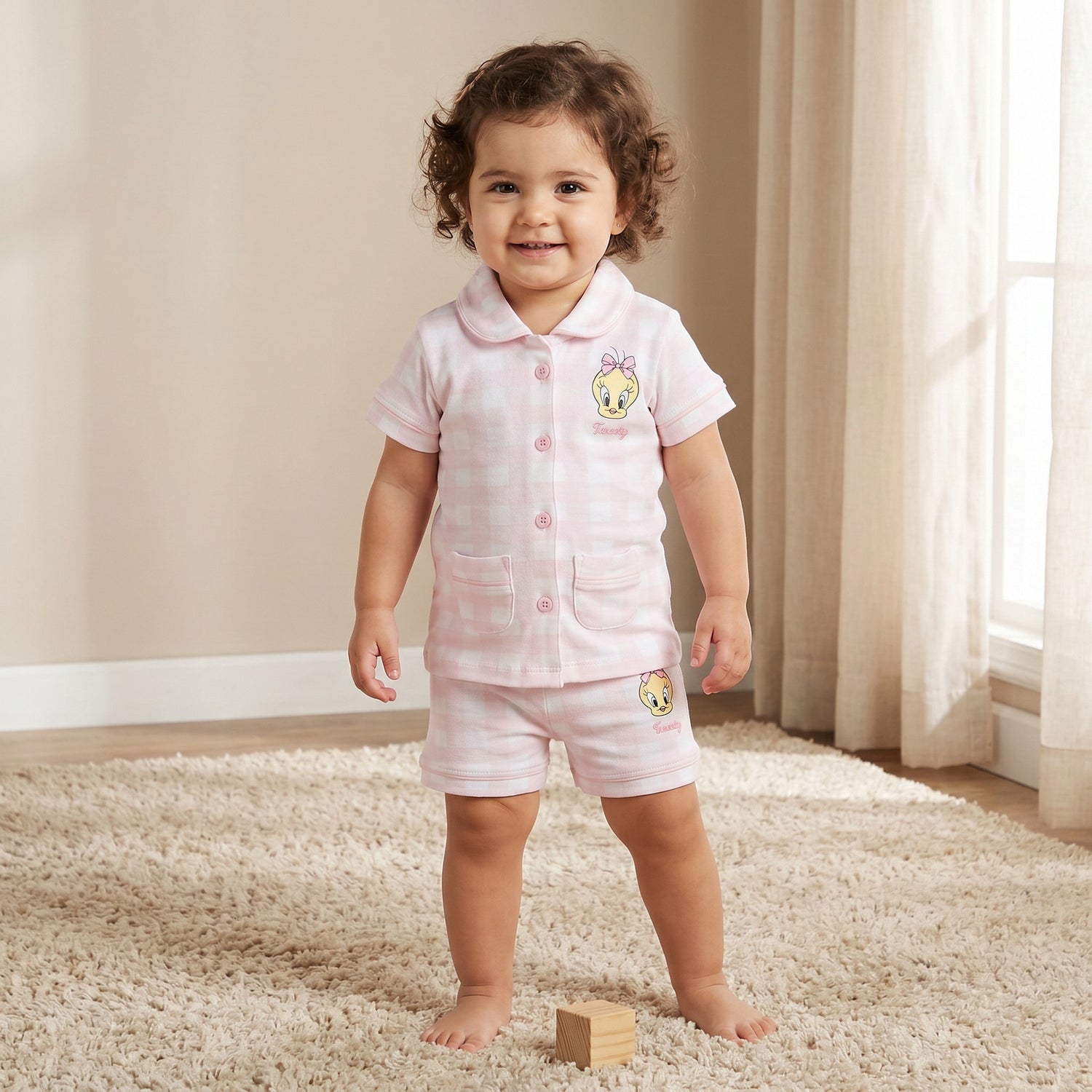 Disney Collared Short Sleeves Shirt and Shorts Set with Tweety Print - Pink / 12-18 mths