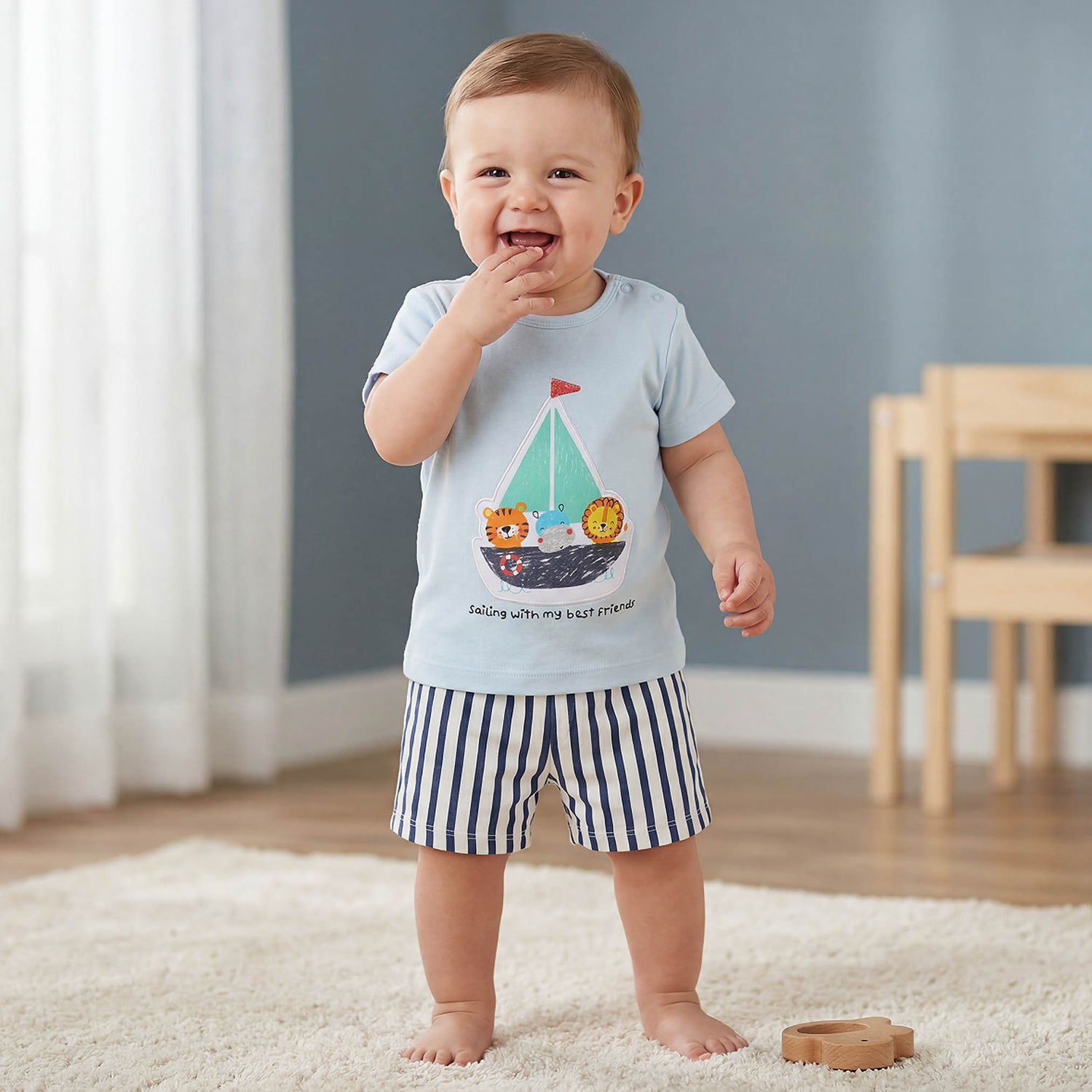 Juniors Crew Neck Short Sleeves T-shirt and Shorts Set with Nautical Applique - Multicolour / 12-18 mths