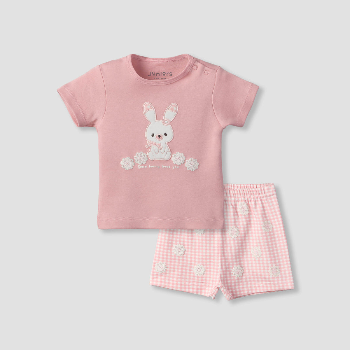 Juniors Crew Neck Short Sleeves T-shirt and Shorts Set with Bunny Applique
