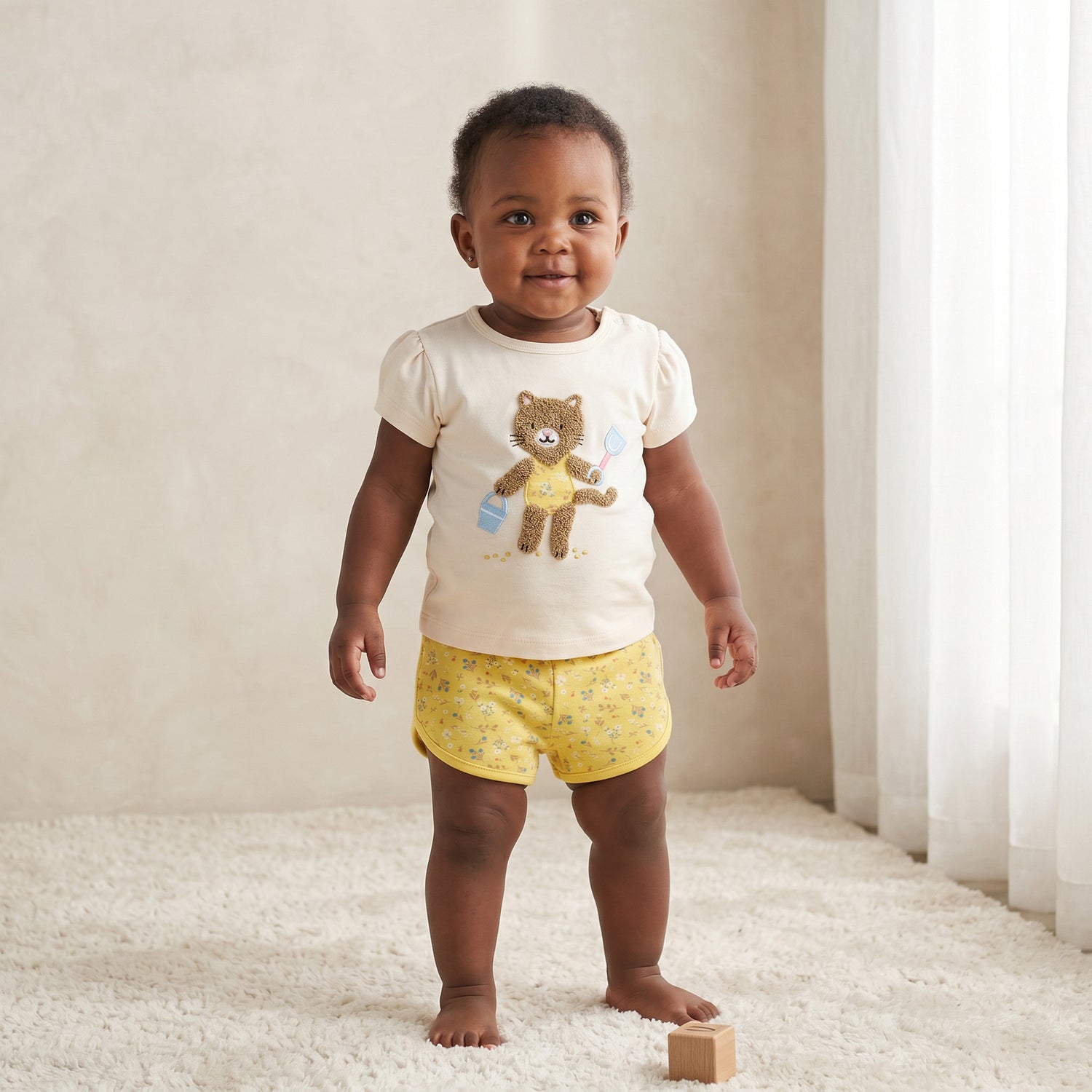 Juniors Crew Neck Short Sleeves T-shirt and Shorts Set with Cat Applique - Multicolour / 12-18 mths