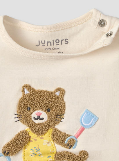 Juniors Crew Neck Short Sleeves T-shirt and Shorts Set with Cat Applique-baby-girls-clothing-setsandcoords-image-7