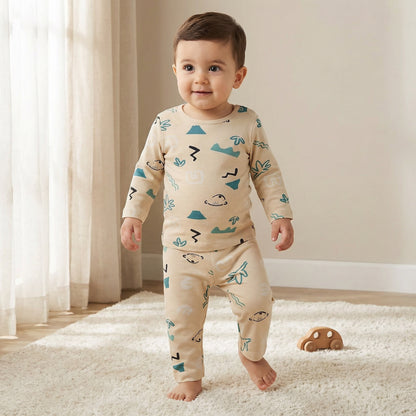 Juniors Pyjama Set with Graphic Print - Cotton - Long Sleeves - Beige / 12-18 mths