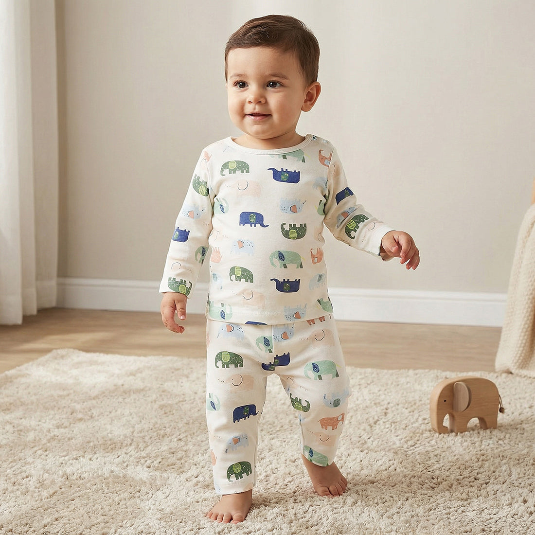 Juniors Pyjama Set with Elephant Print - Cotton - Long Sleeves - White / 12-18 mths