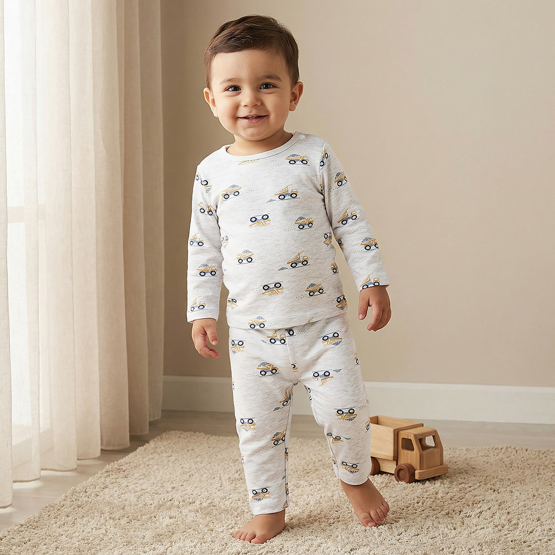 Juniors Pyjama Set with Truck Print - Cotton - Long Sleeves - Grey / 18-24 mths