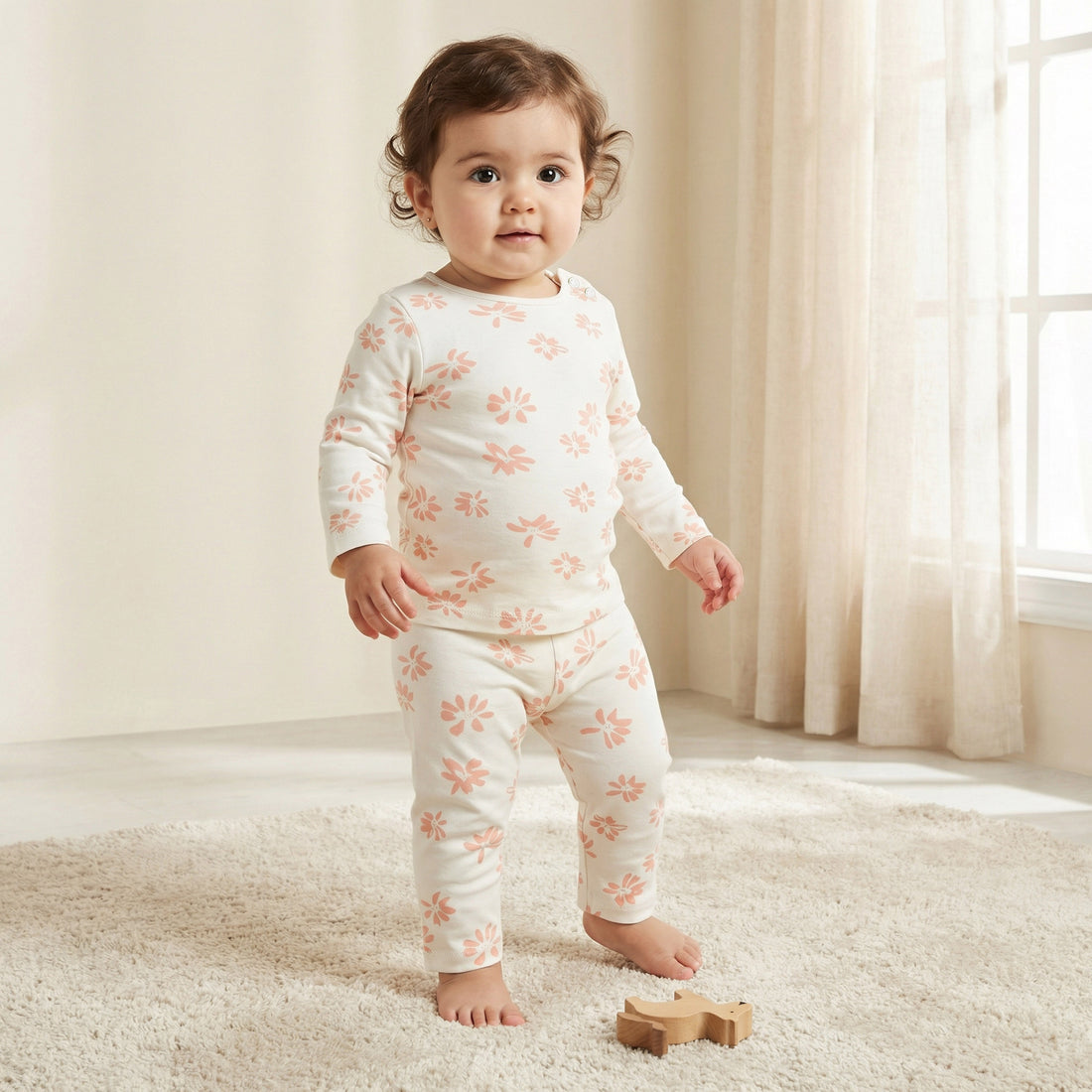 Juniors Pyjama Set with Floral Print - Cotton - Long Sleeves - White / 12-18 mths
