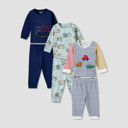Pack of 3 Juniors Cotton Round Neck Long Sleeve Pyjama Set with Snap Button Closure - Blue / 12-18 mths