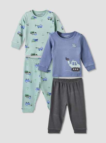 Pack of 2 Juniors Cotton Crew Neck Long Sleeve Pyjama Set with Vehicle Print-baby-boys-clothing-nightwear-pyjamasets-image-1