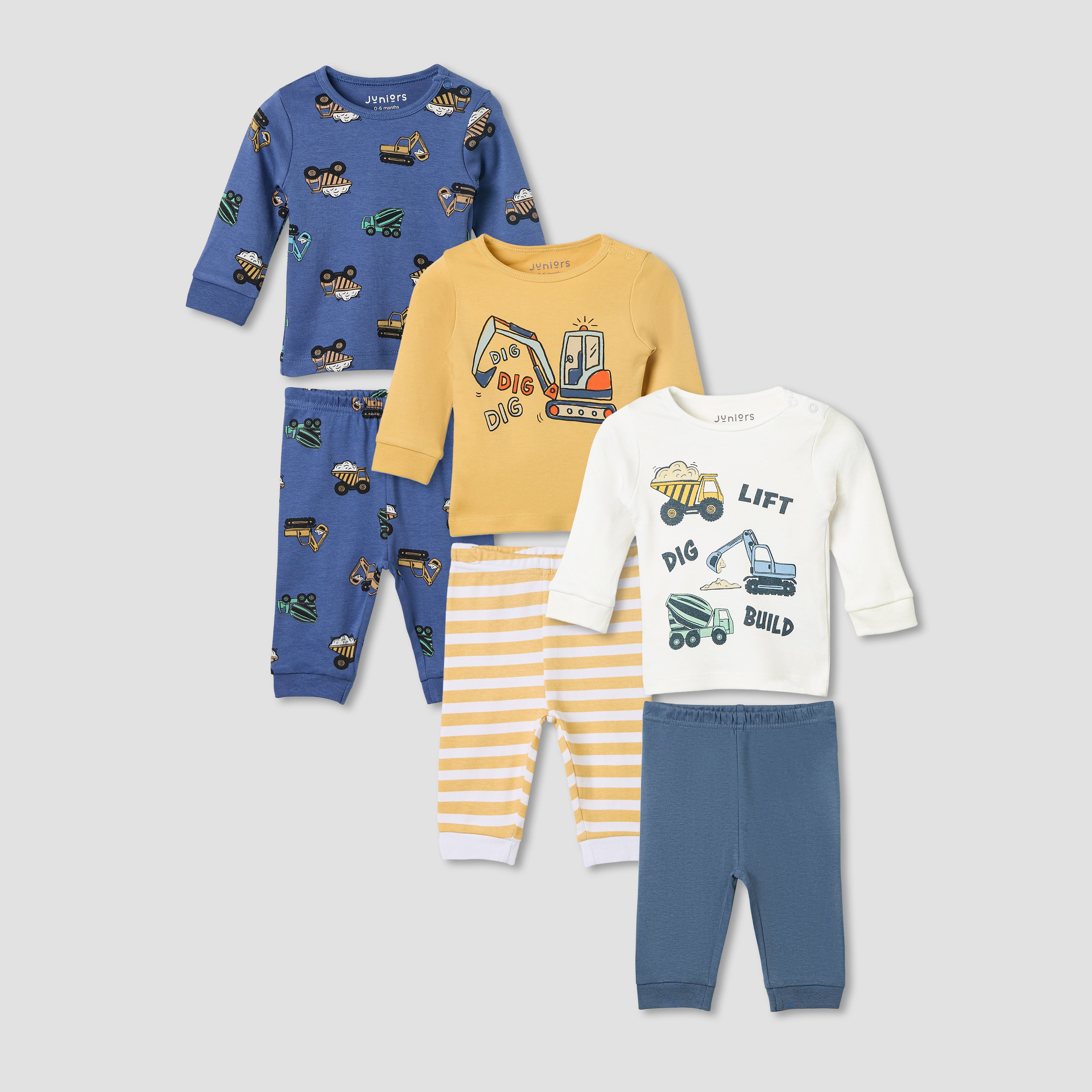 Juniors Pyjama Set with Construction Print - Cotton - Long Sleeves - Round Neck - Set of 3