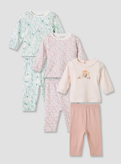 Juniors Pyjama Set with Assorted Prints – Cotton – Long Sleeve – Round Neck - Set of 3-baby-girls-clothing-nightwear-pyjamasets-image-1