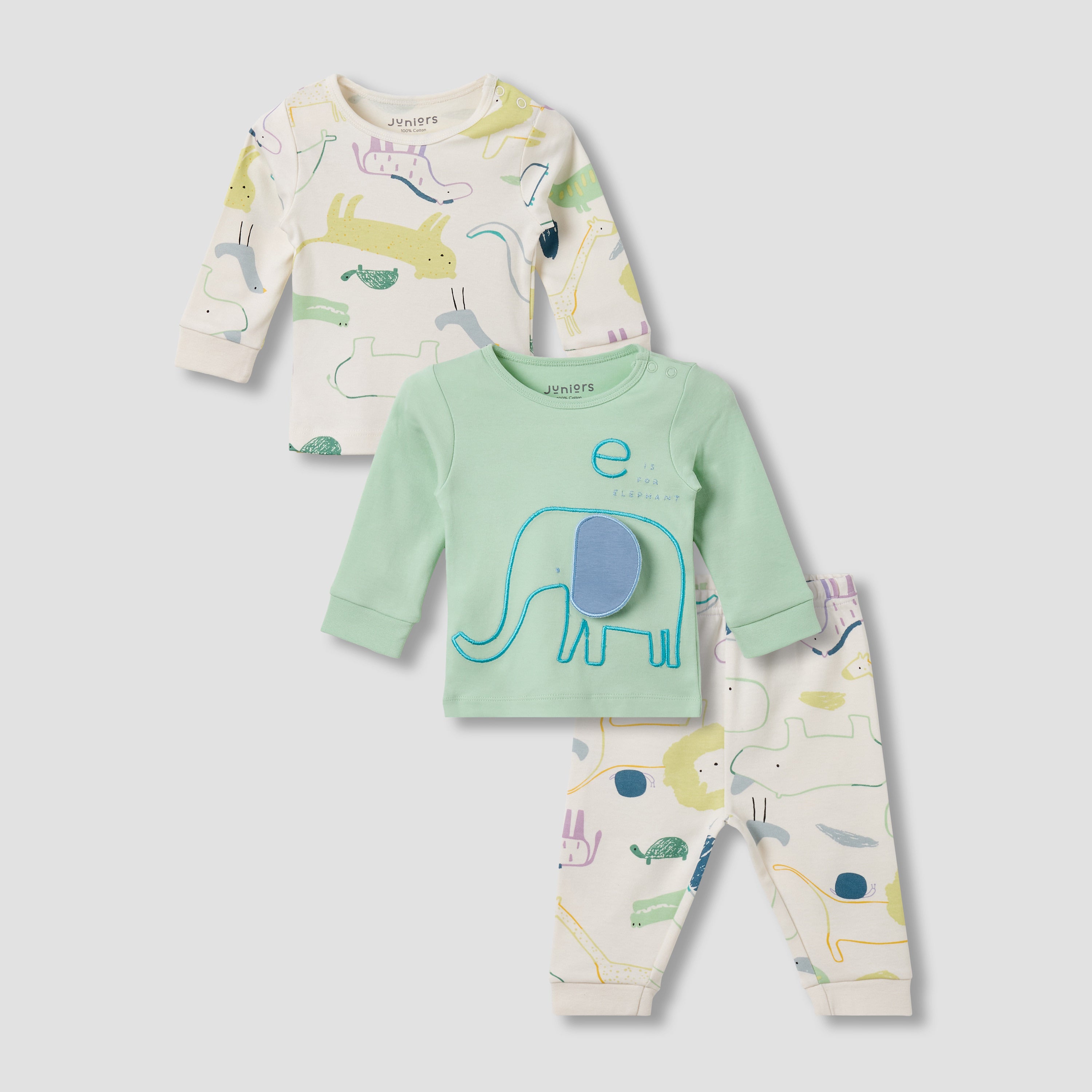 Set of 3 Juniors Cotton Round Neck Long Sleeve Pyjama Set with Snap Button Closure
