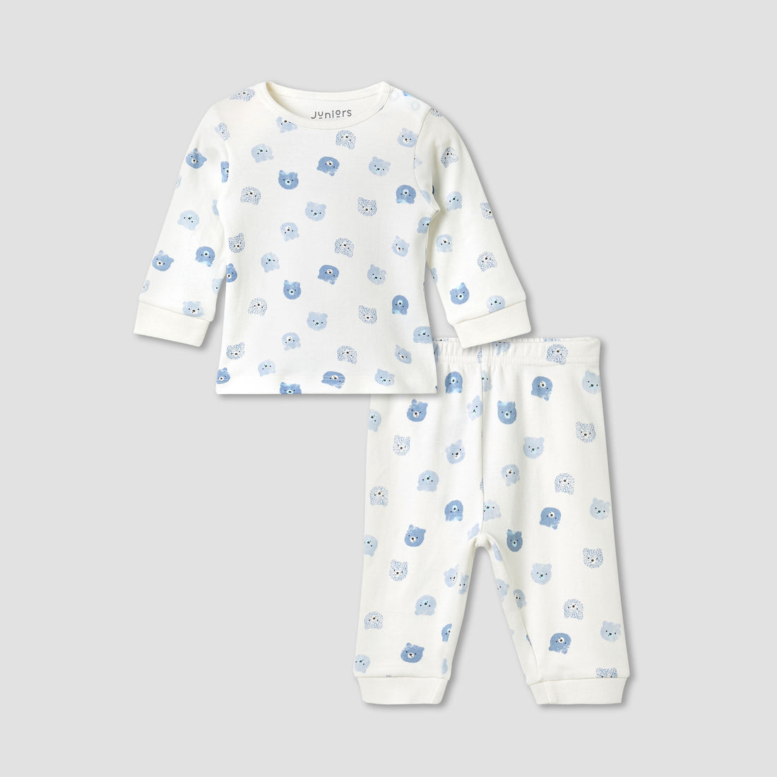 Juniors Pyjama Set with Bear Print - Cotton - Long Sleeves - Round Neck - Cream / 12-18 mths