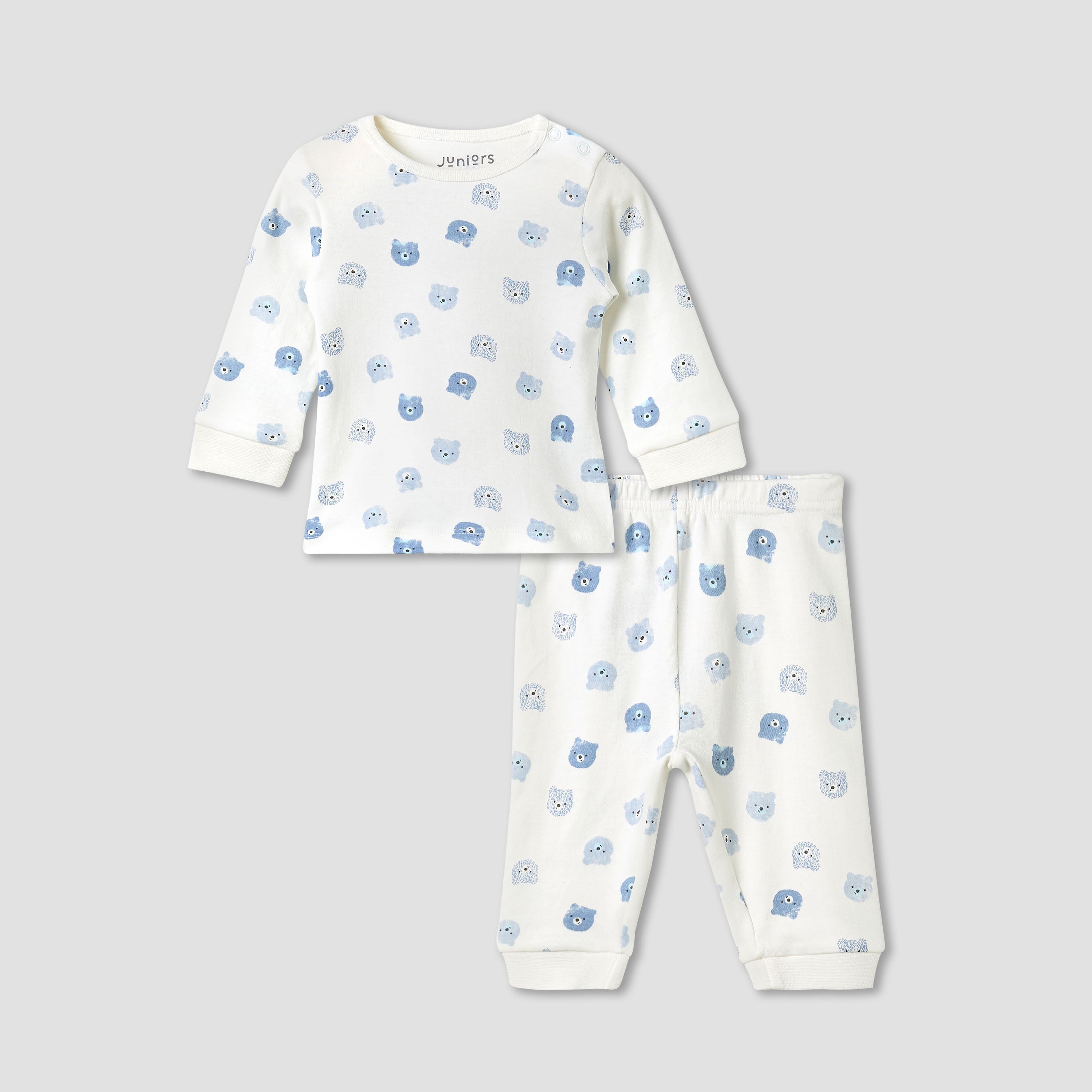 Juniors Pyjama Set with Bear Print - Cotton - Long Sleeves - Round Neck - Cream / 12-18 mths