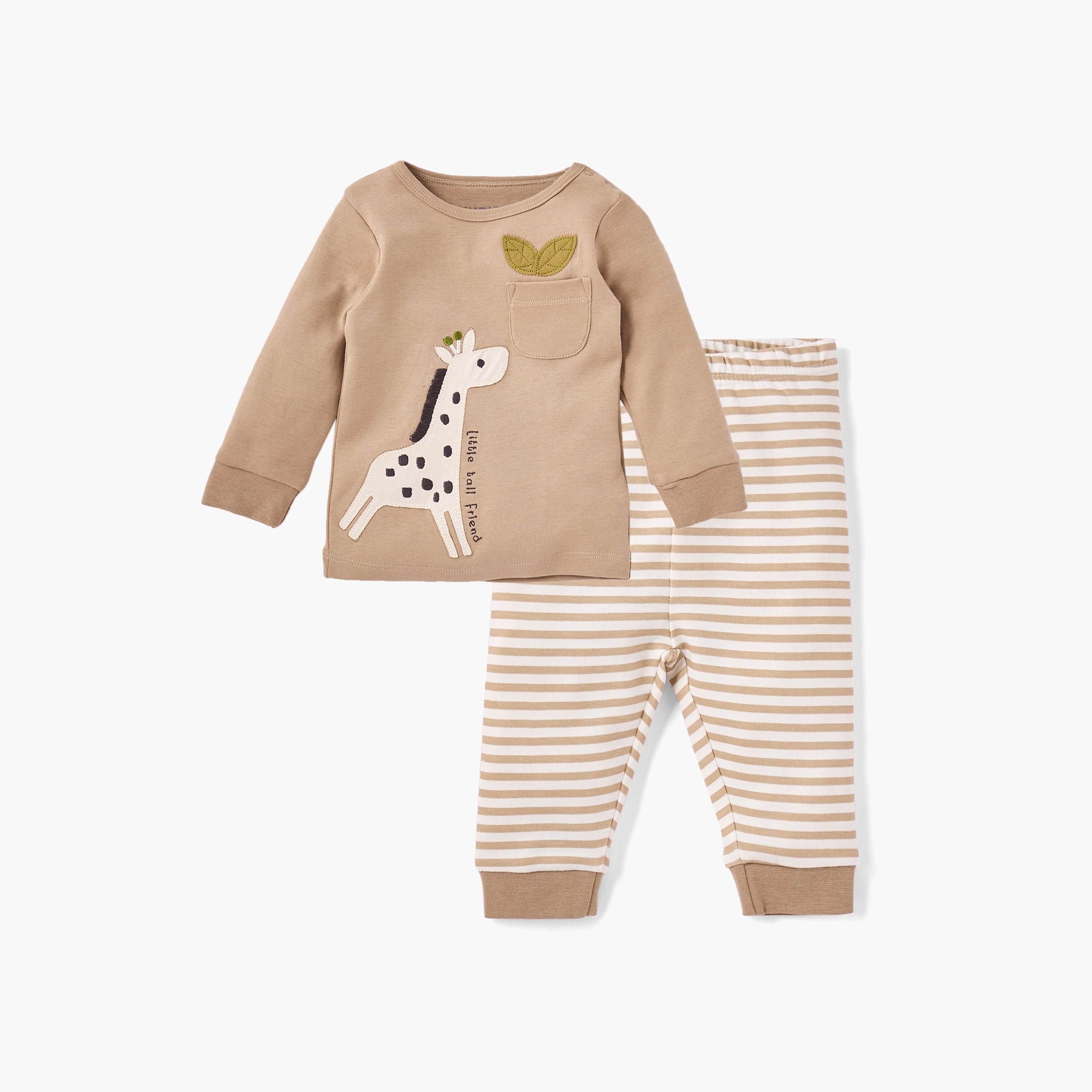 Juniors Giraffe Applique T-shirt and Striped Pyjama Set - Brown / 12-18 mths