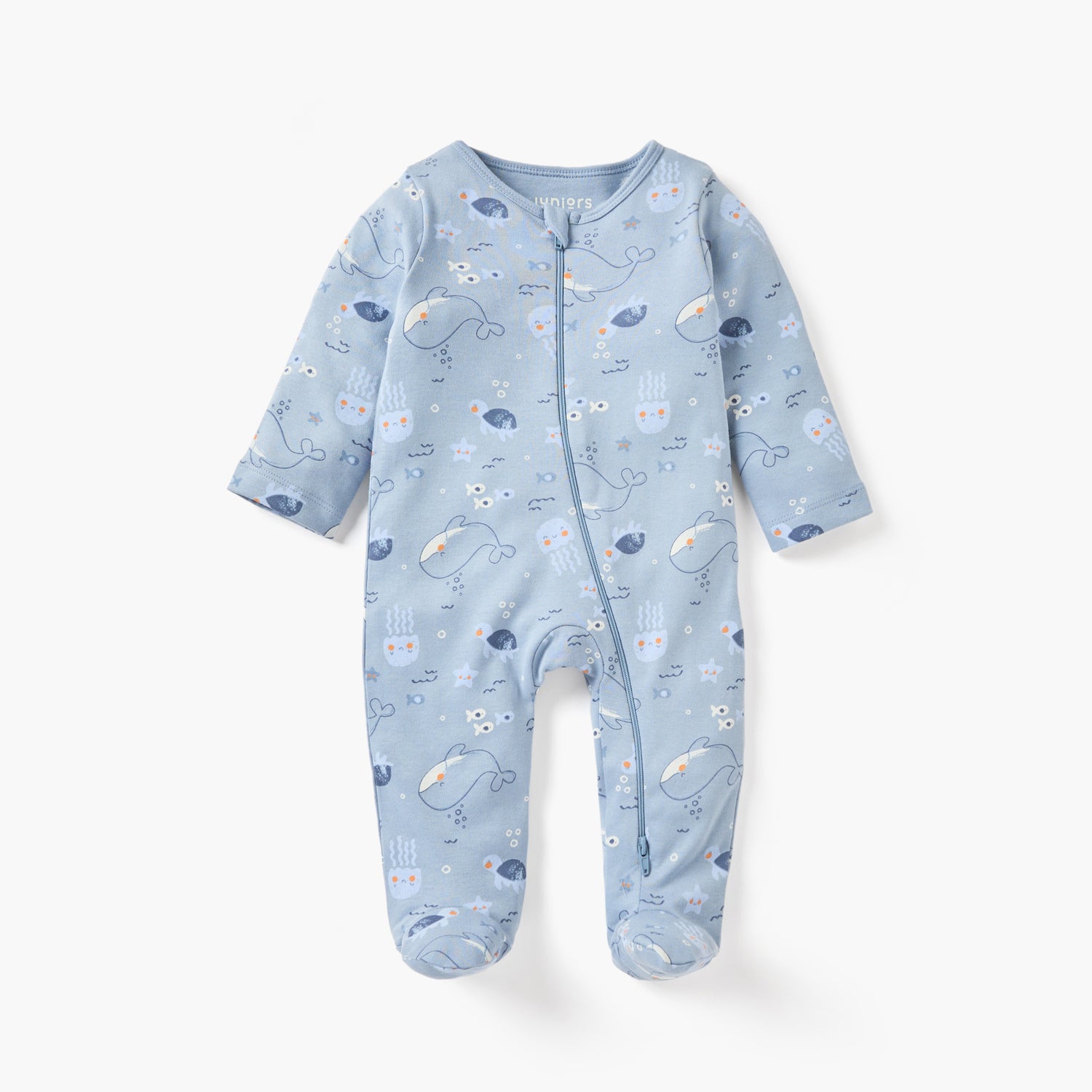 Juniors Whale Print Sleepsuit with Zip Closure and Long Sleeves - Blue / 12-18 mths