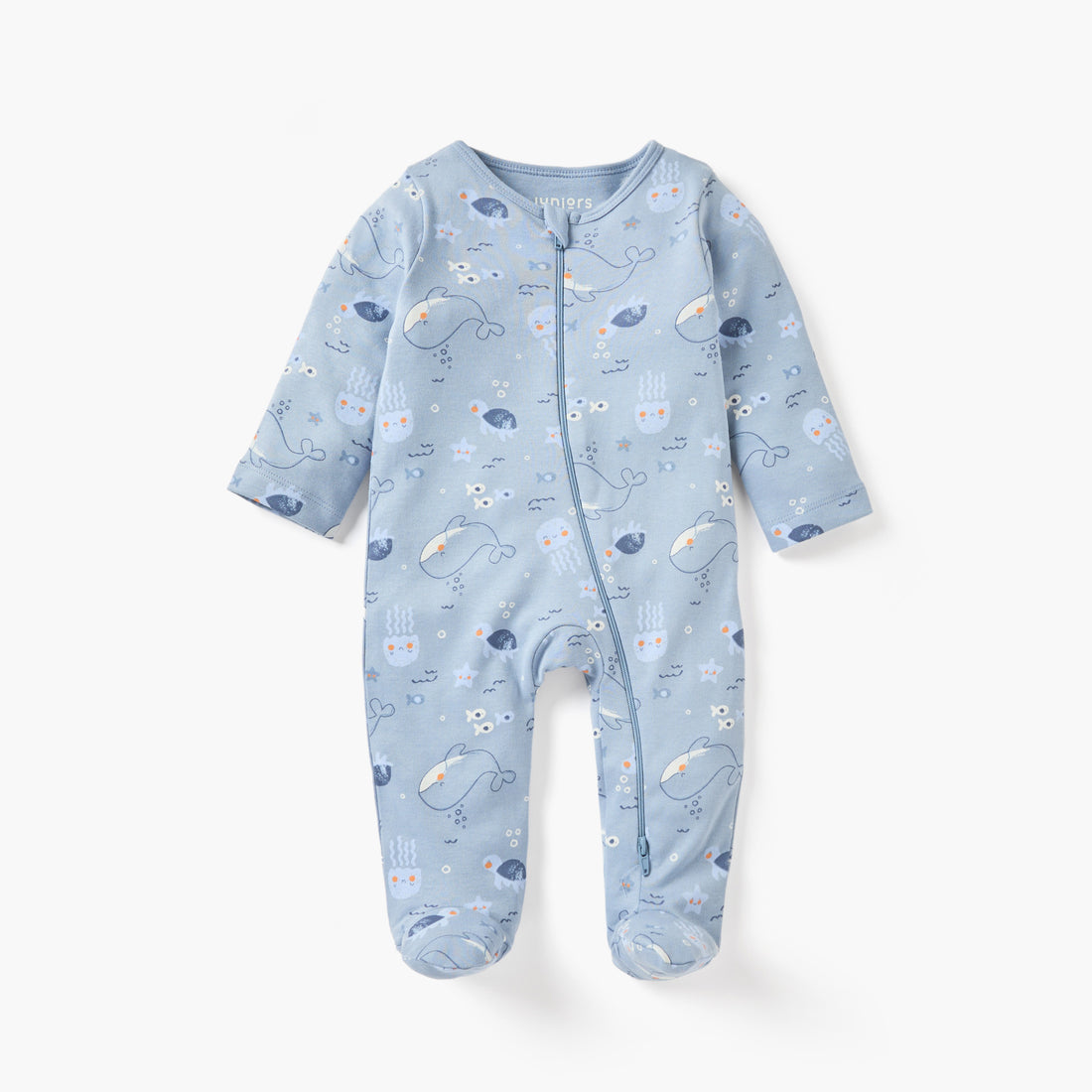 Juniors Whale Print Sleepsuit with Zip Closure and Long Sleeves