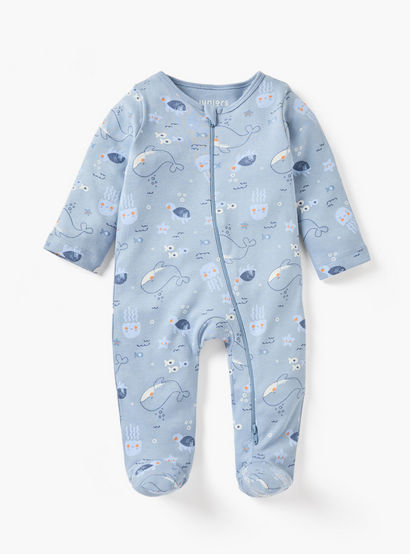Juniors Whale Print Sleepsuit with Zip Closure and Long Sleeves-baby-boys-clothing-nightwear-sleepsuits-image-2