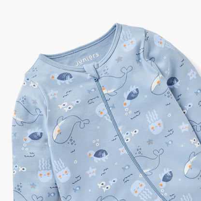 Juniors Whale Print Sleepsuit with Zip Closure and Long Sleeves