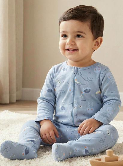 Juniors Whale Print Sleepsuit with Zip Closure and Long Sleeves-baby-boys-clothing-nightwear-sleepsuits-image-1