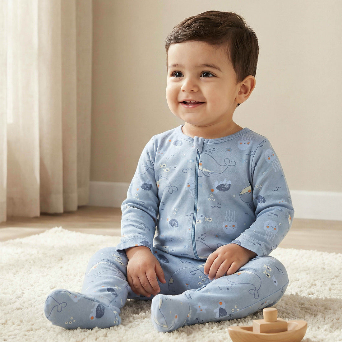 Juniors Whale Print Sleepsuit with Zip Closure and Long Sleeves - Blue / 12-18 mths