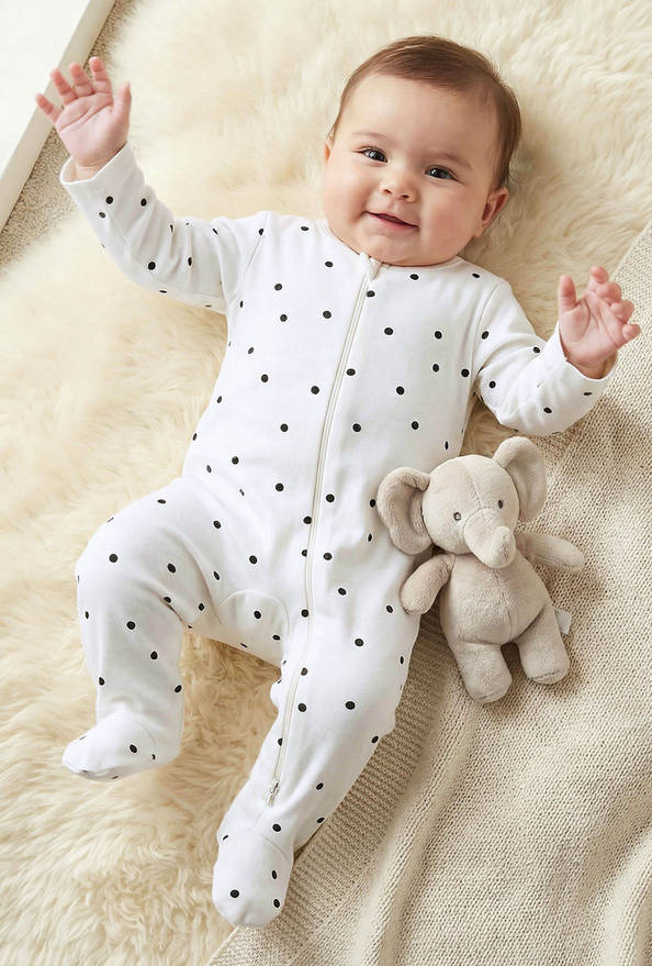 Juniors Polka Dot Print Sleepsuit with Long Sleeves and Zip Closure