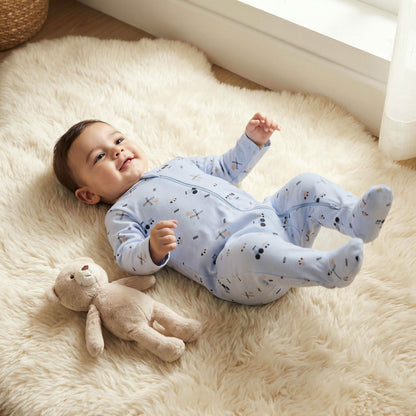 Juniors Printed Sleepsuit with Long Sleeves and Zip Closure - Blue / 12-18 mths