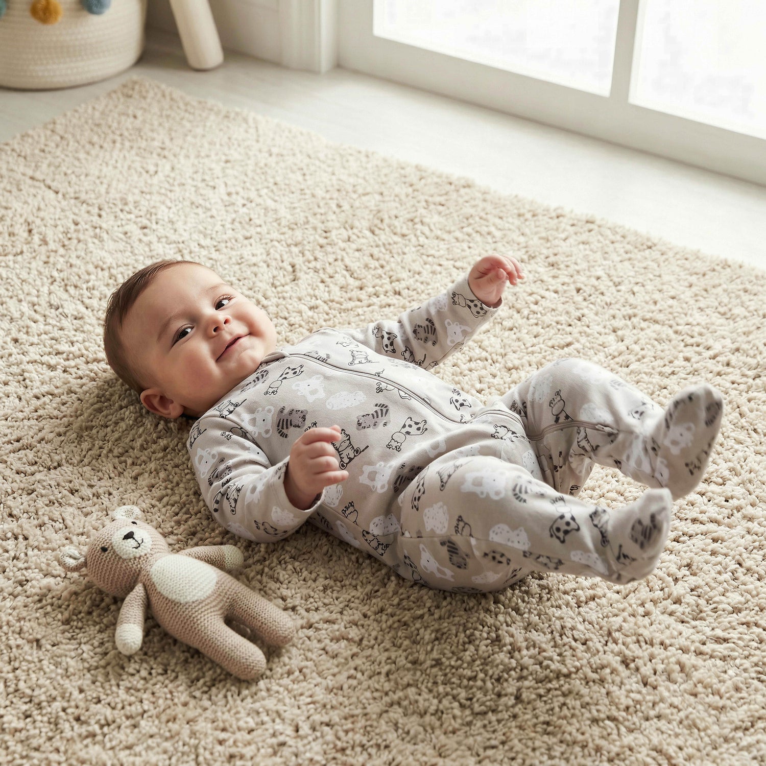 Juniors All-Over Wild Animal Print Closed Feet Sleepsuit with Long Sleeves - Beige / 12-18 mths