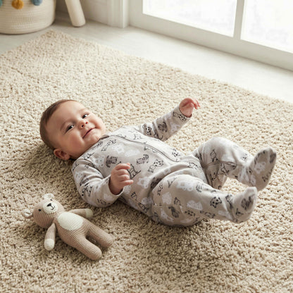 Juniors All-Over Wild Animal Print Closed Feet Sleepsuit with Long Sleeves - Beige / 12-18 mths