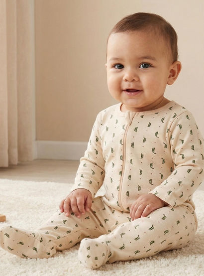 Juniors Printed Sleepsuit with Long Sleeves and Zip Closure-baby-girls-clothing-nightwear-sleepsuits-image-1
