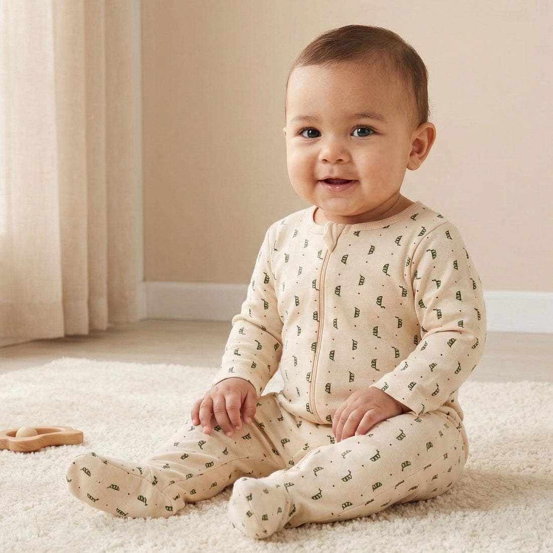 Juniors Printed Sleepsuit with Long Sleeves and Zip Closure - Beige / 12-18 mths