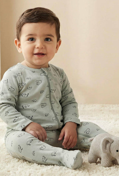 Juniors Elephant Print Sleepsuit with Long Sleeves and Zip Closure