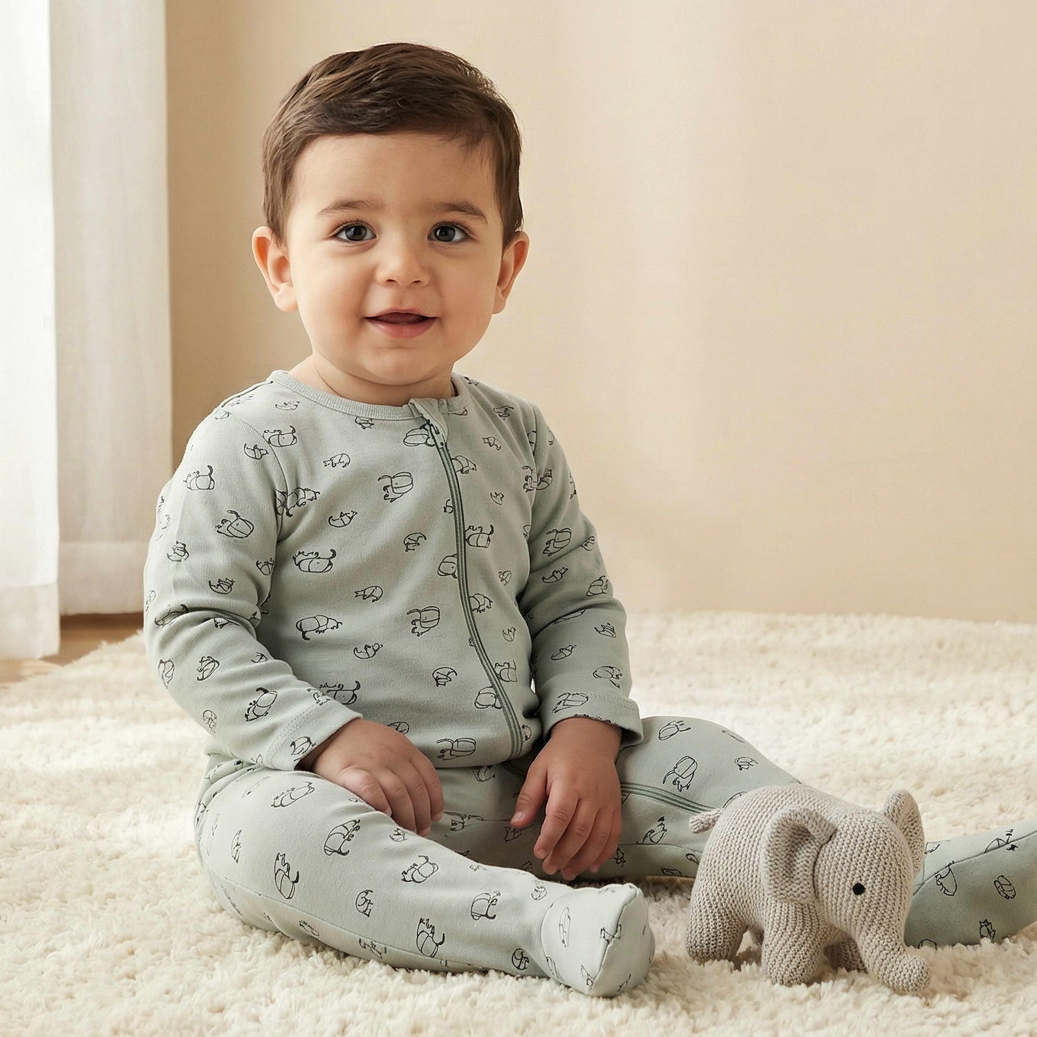 Juniors Elephant Print Sleepsuit with Long Sleeves and Zip Closure