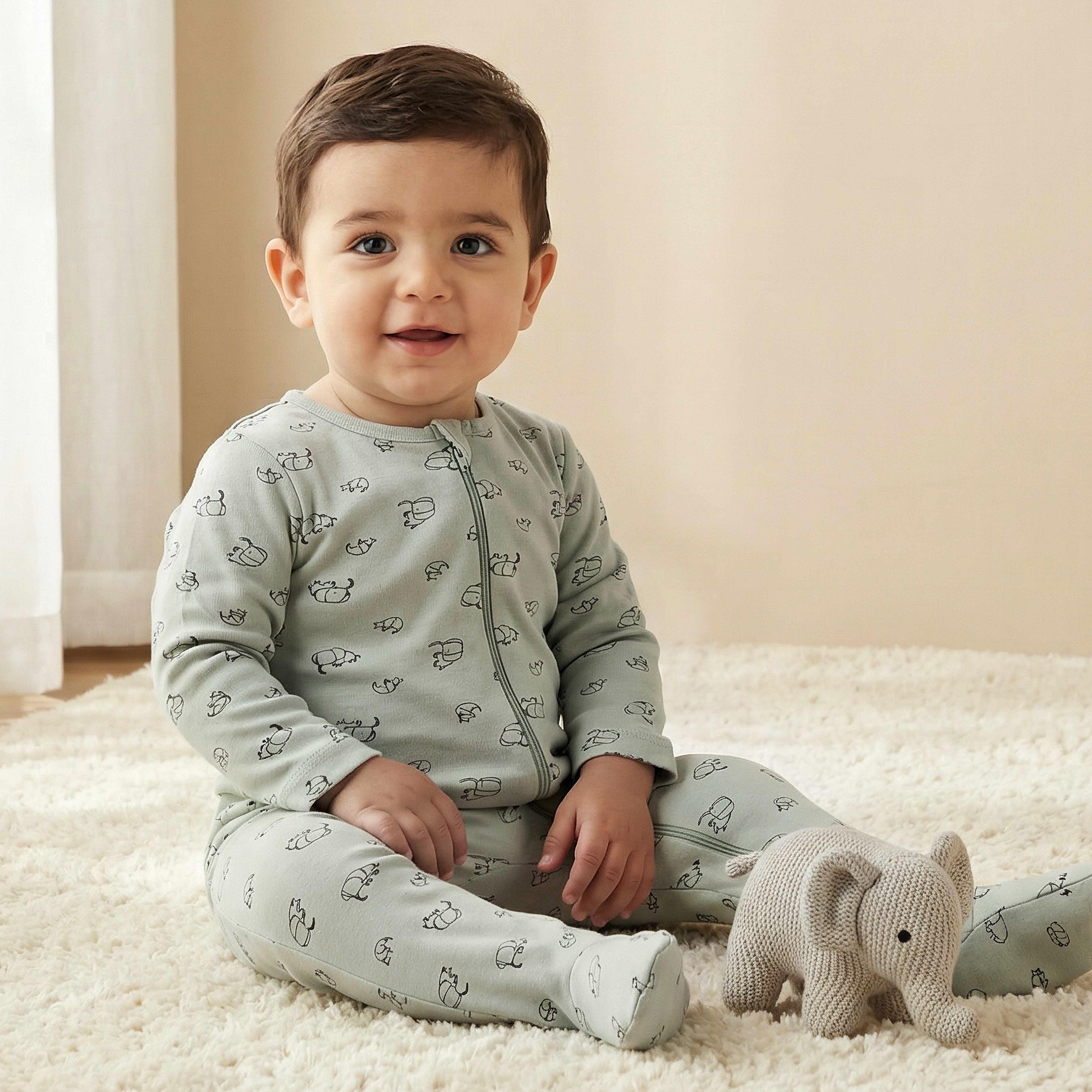 Juniors Elephant Print Sleepsuit with Long Sleeves and Zip Closure