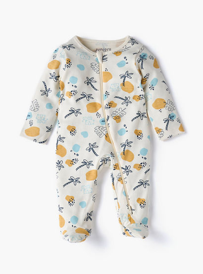 Juniors Printed Sleepsuit with Long Sleeves and Zip Closure-baby-girls-clothing-nightwear-sleepsuits-image-2