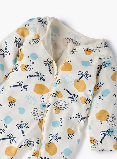 Juniors Printed Sleepsuit with Long Sleeves and Zip Closure-baby-girls-clothing-nightwear-sleepsuits-image-4