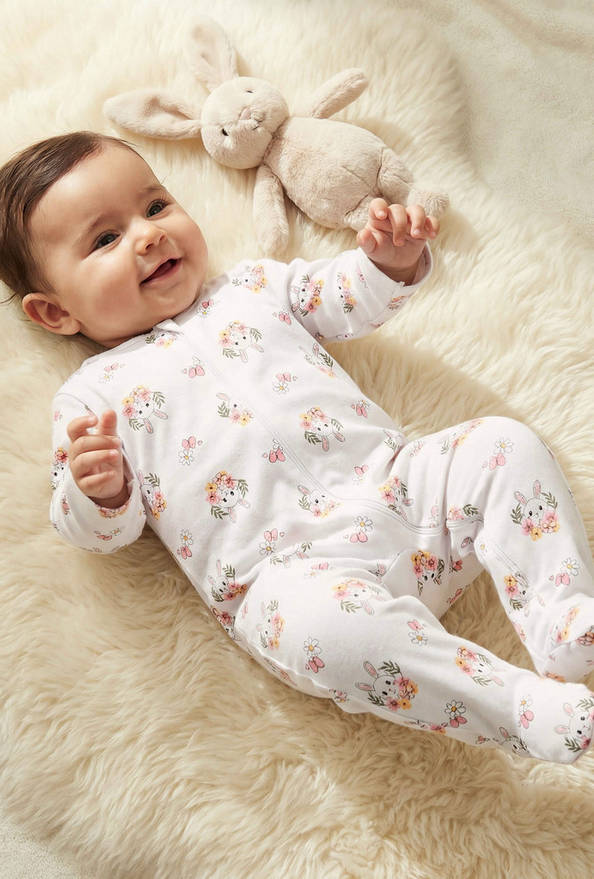 Juniors All-Over Bunny Print Closed Feet Sleepsuit with Long Sleeves
