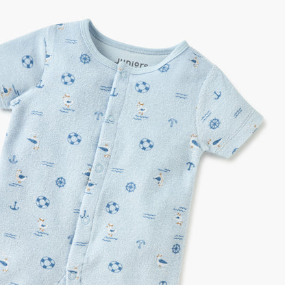 Juniors Graphic Print Romper with Short Sleeves and Button Closure