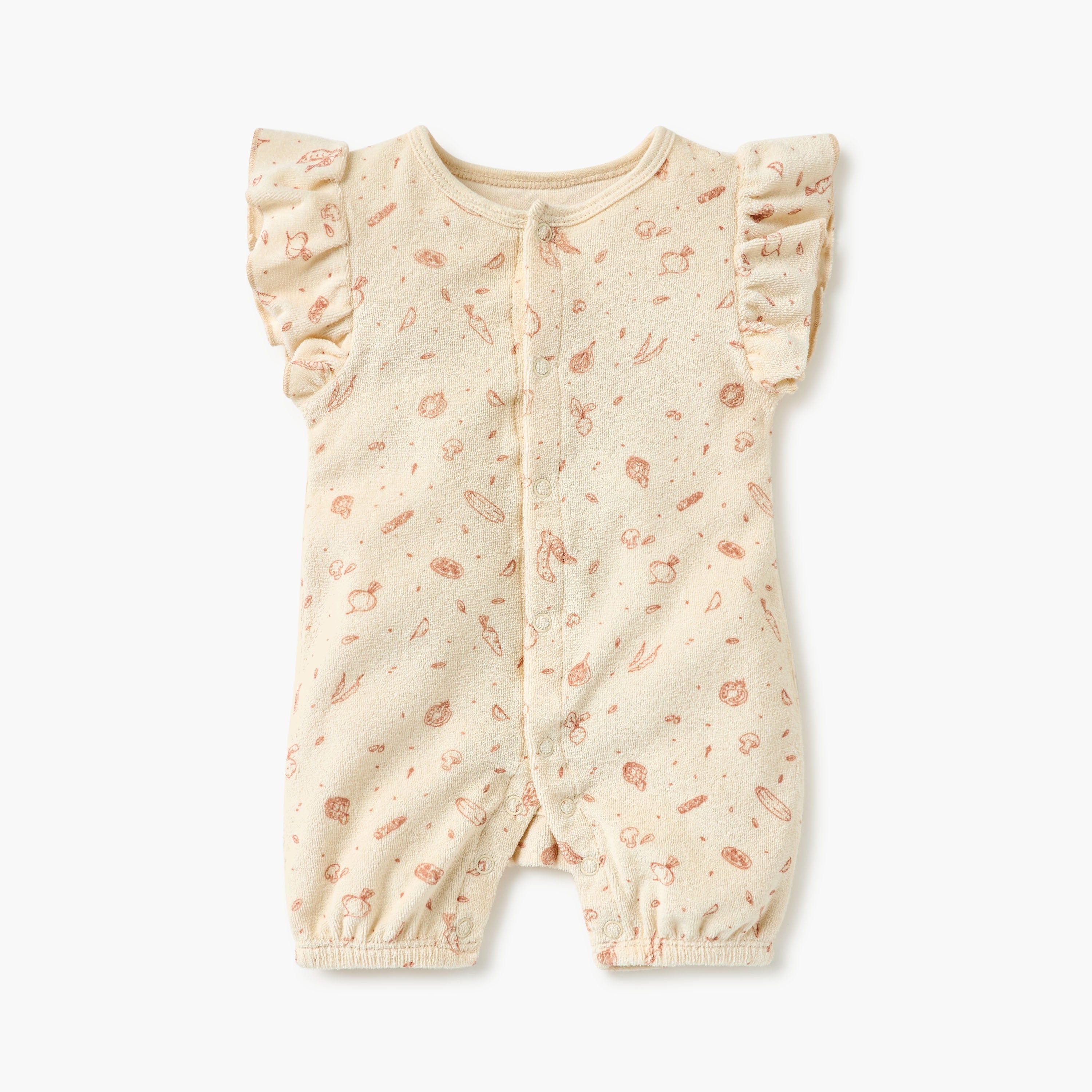 Juniors Graphic Print Romper with Ruffle Sleeves and Button Closure - Cream / 12-18 mths