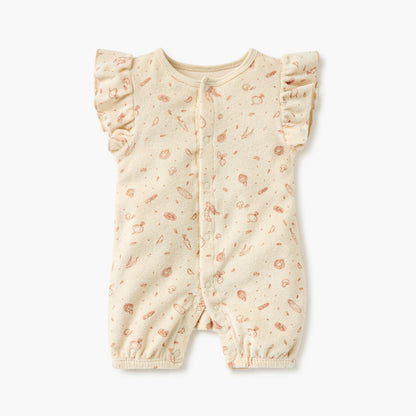 Juniors Graphic Print Romper with Ruffle Sleeves and Button Closure - Cream / 12-18 mths