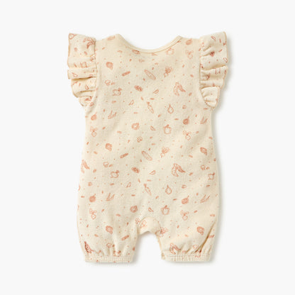 Juniors Graphic Print Romper with Ruffle Sleeves and Button Closure