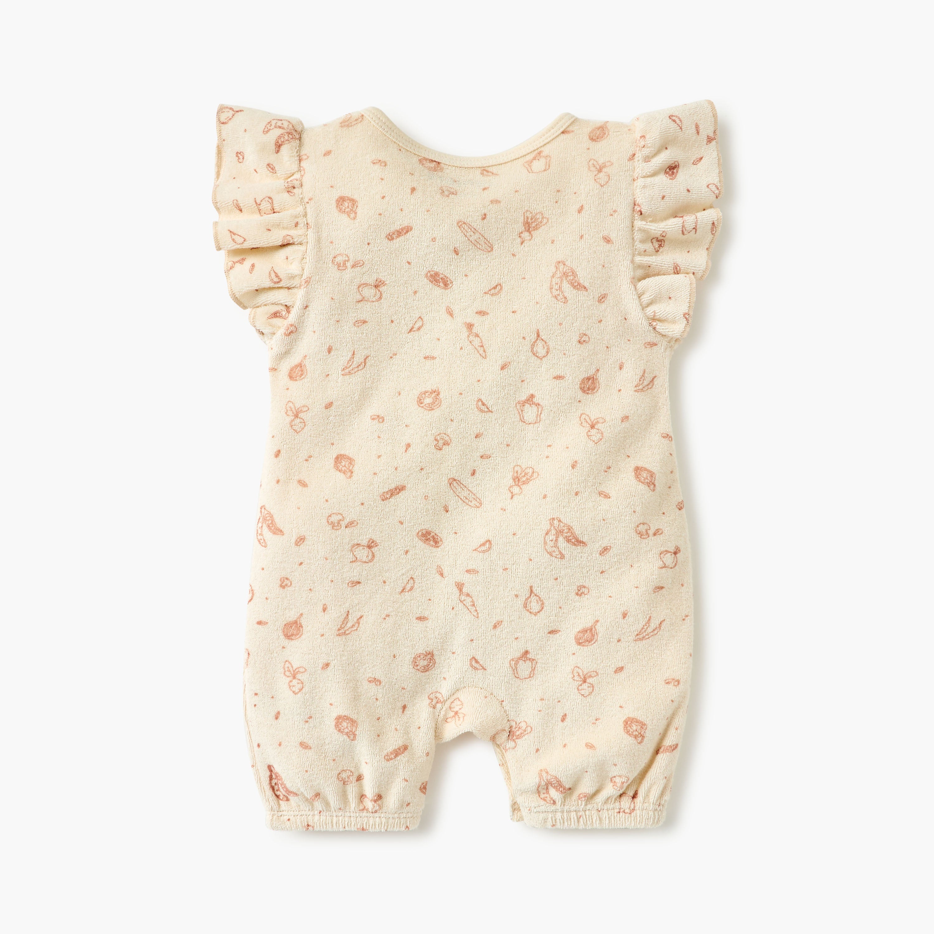 Juniors Graphic Print Romper with Ruffle Sleeves and Button Closure