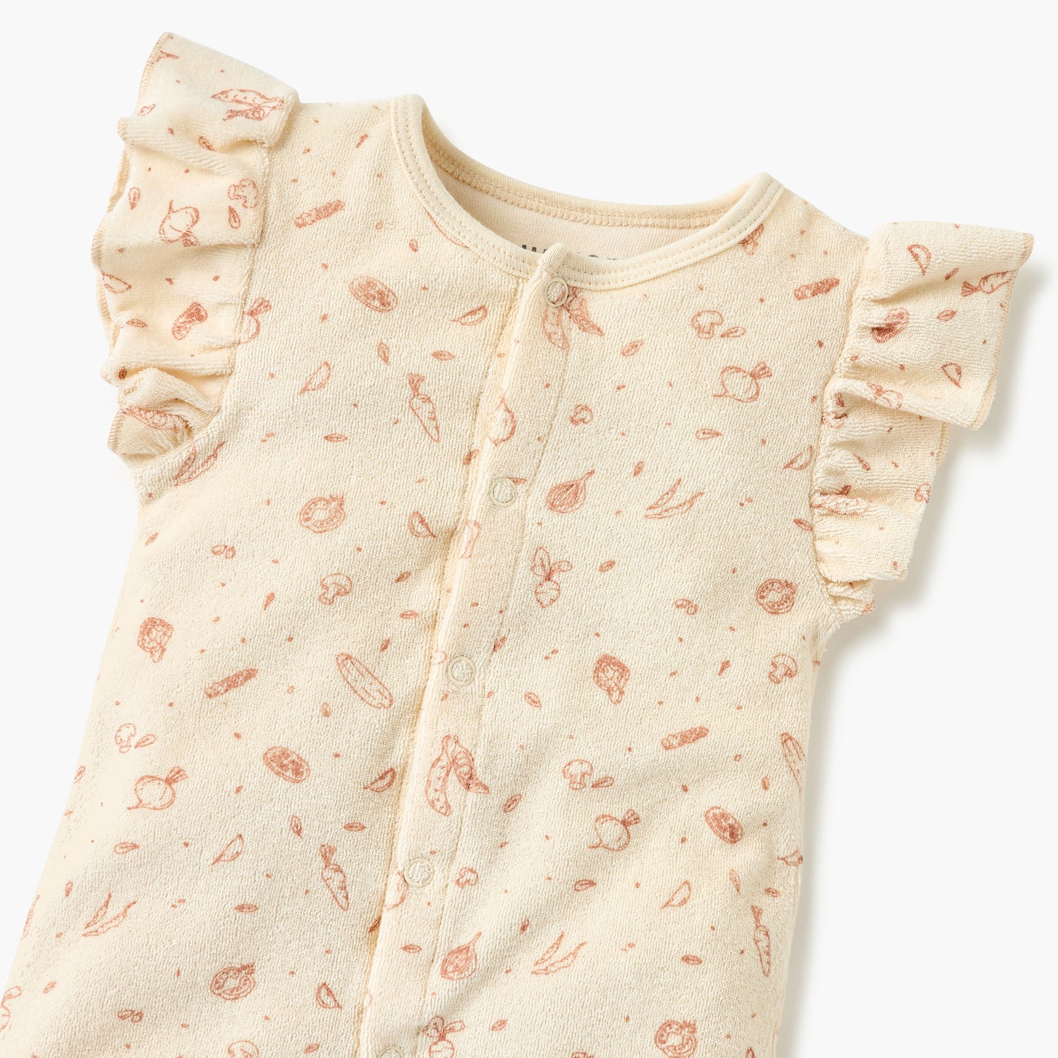 Juniors Graphic Print Romper with Ruffle Sleeves and Button Closure